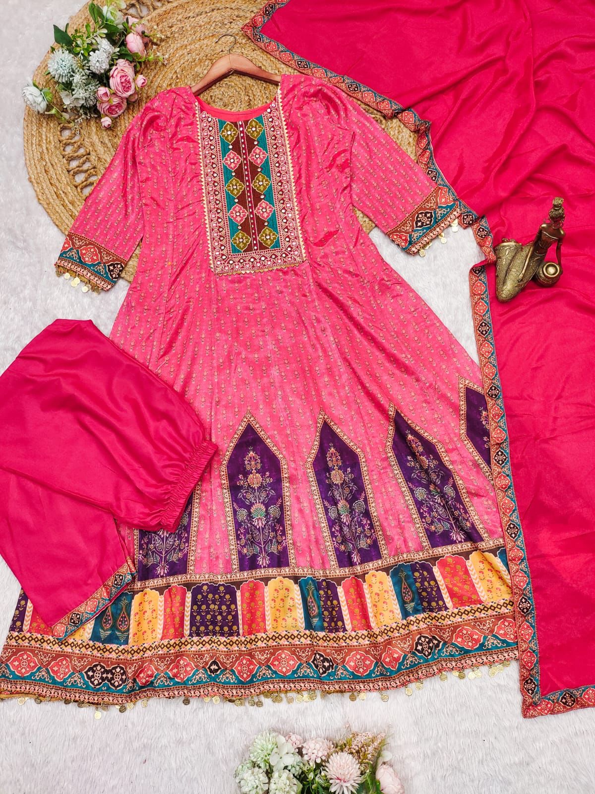 chinon mirror work embroidered suit at krisvi wardrobe