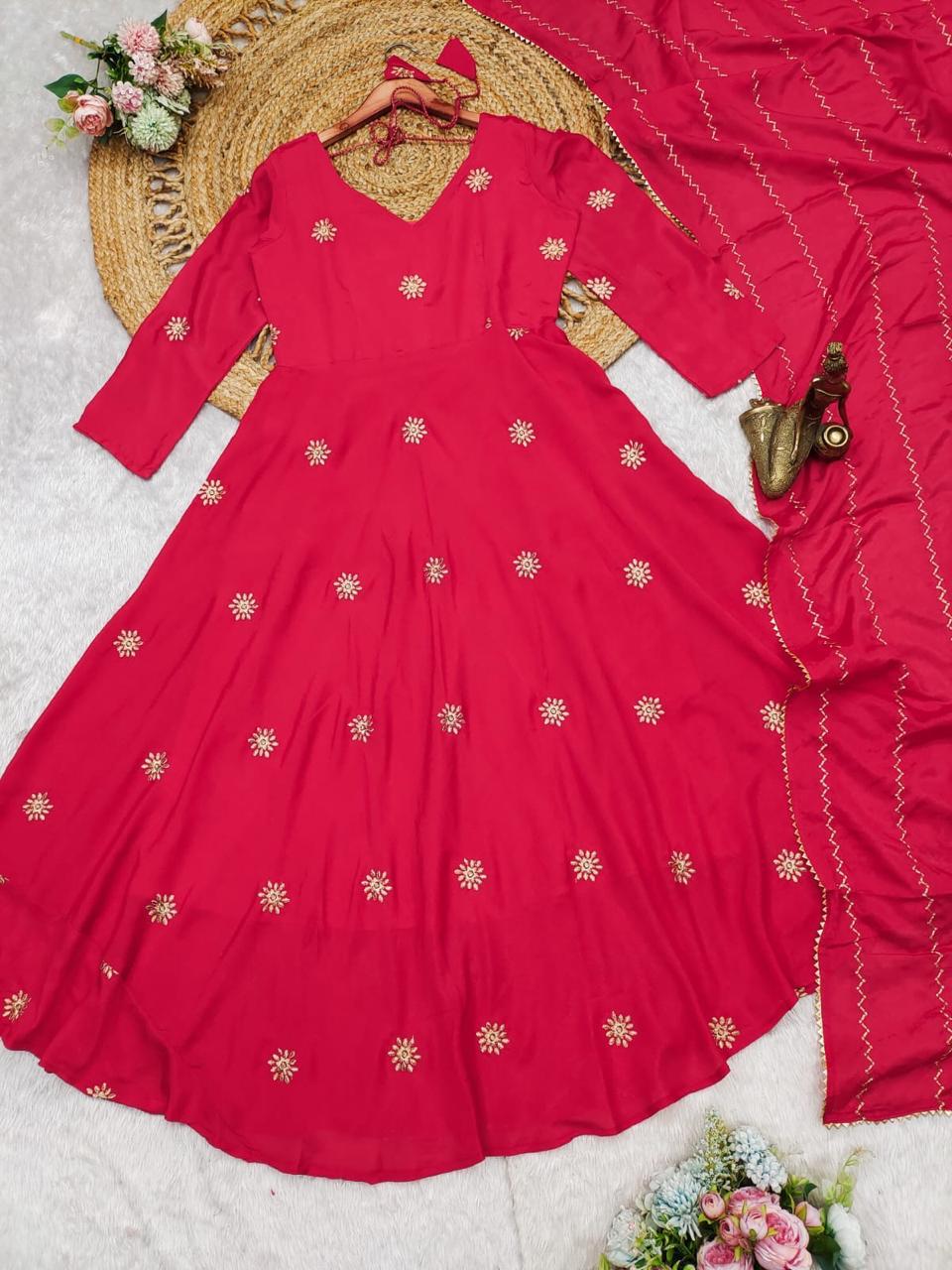 chinon embroiderd anarkali suit set with dupta red color