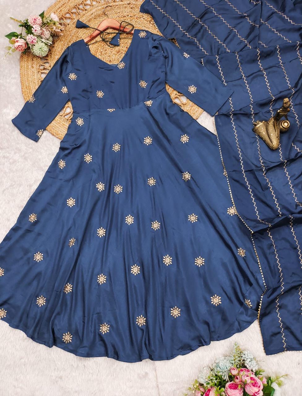 chinon embroiderd anarkali suit set with dupta blue color