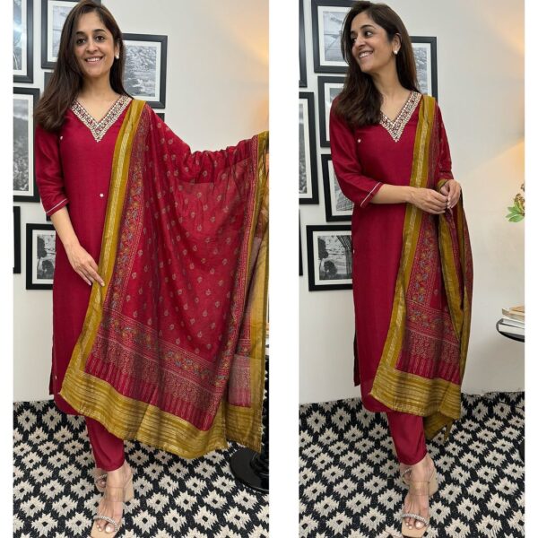 roman silk suit set with banarasi dupta at krisvi wardrobe