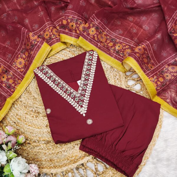 roman silk suit set with banarasi dupta at krisvi wardrobe