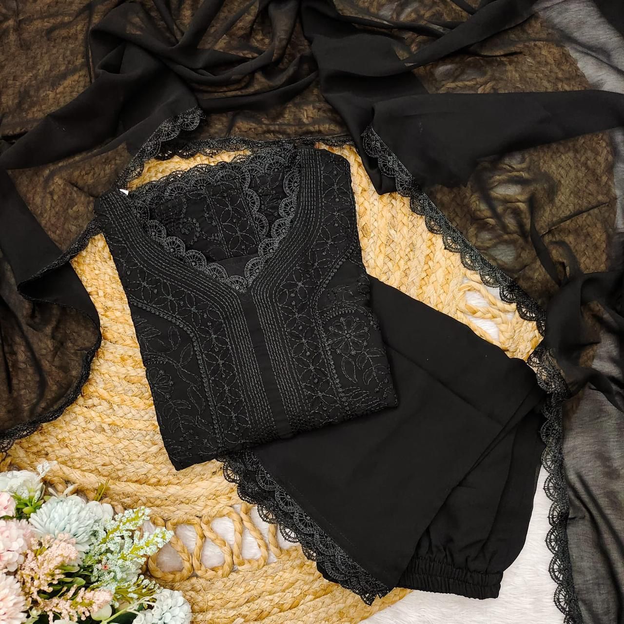 chikankari embroidered fox georgette suit set black color at krisvi shop