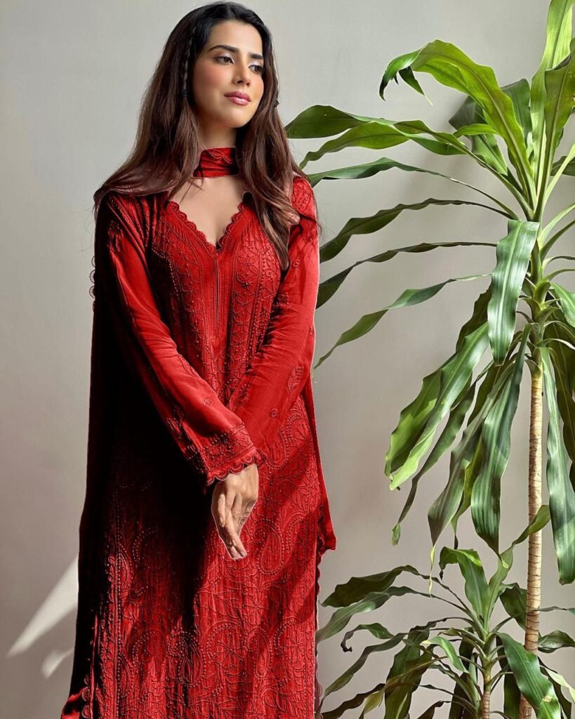 chikankari embroidered fox georgette suit set red color at krisvi shop