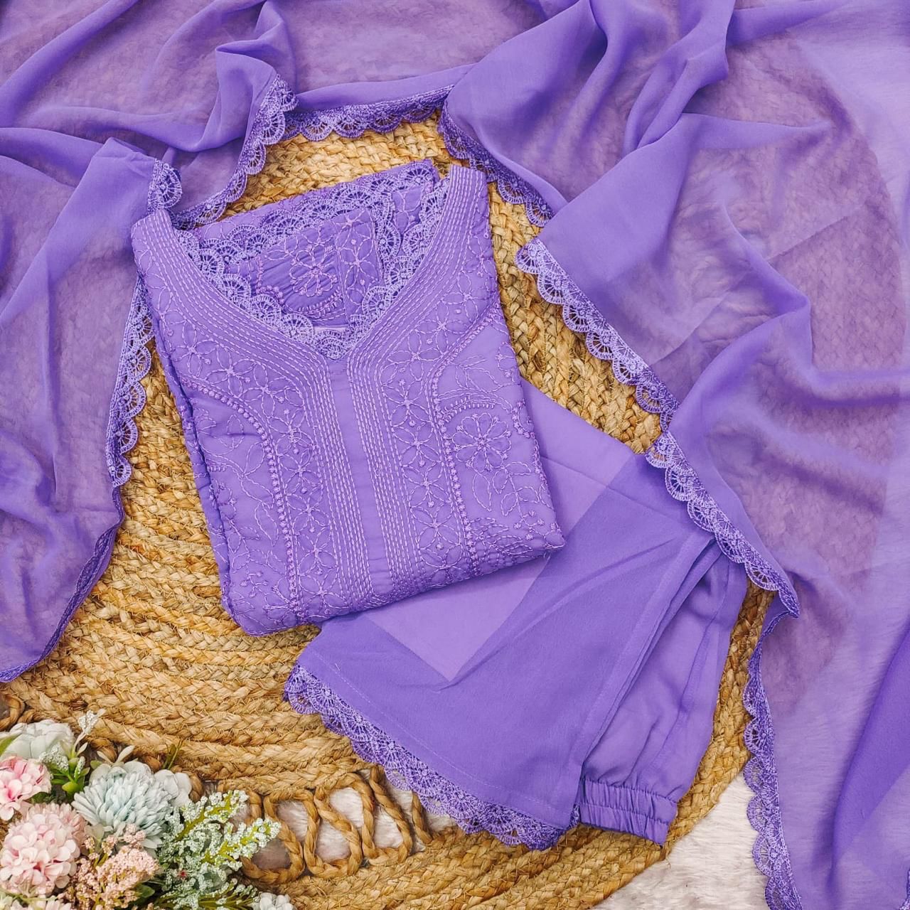 chikankari embroidered fox georgette suit set purple color at krisvi shop