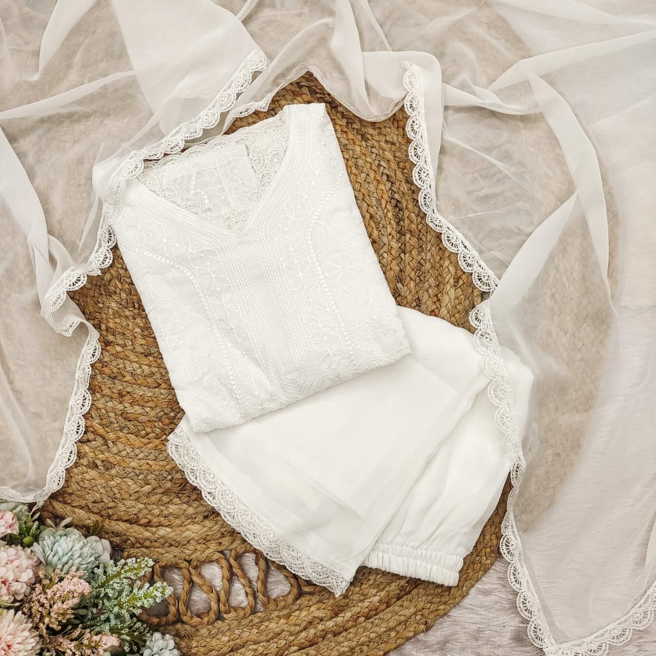 chikankari embroidered fox georgette suit set white color at krisvi shop