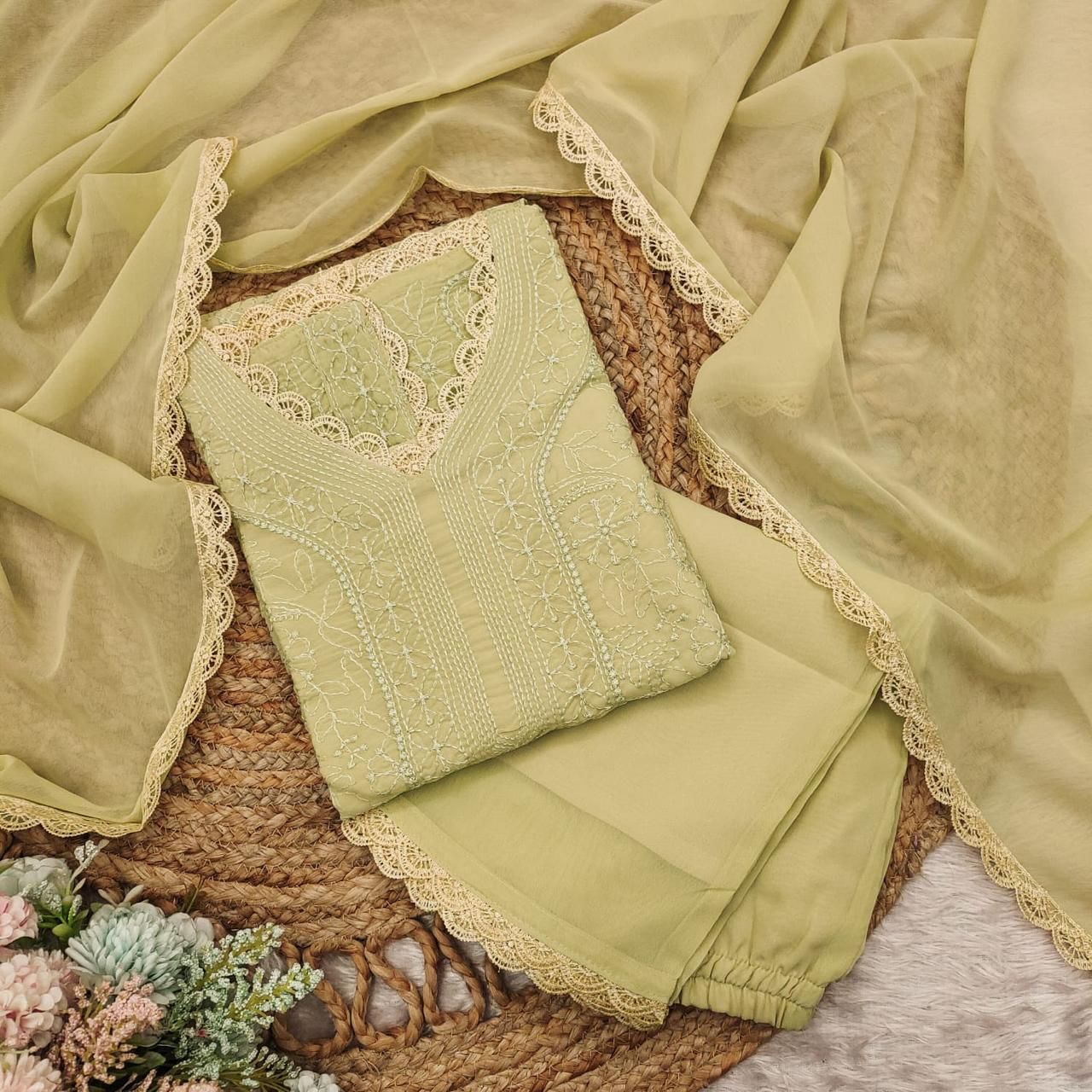 chikankari embroidered fox georgette suit set cream color at krisvi shop