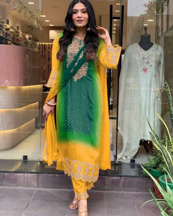 yellow bandhni suits krisvi wardrobe