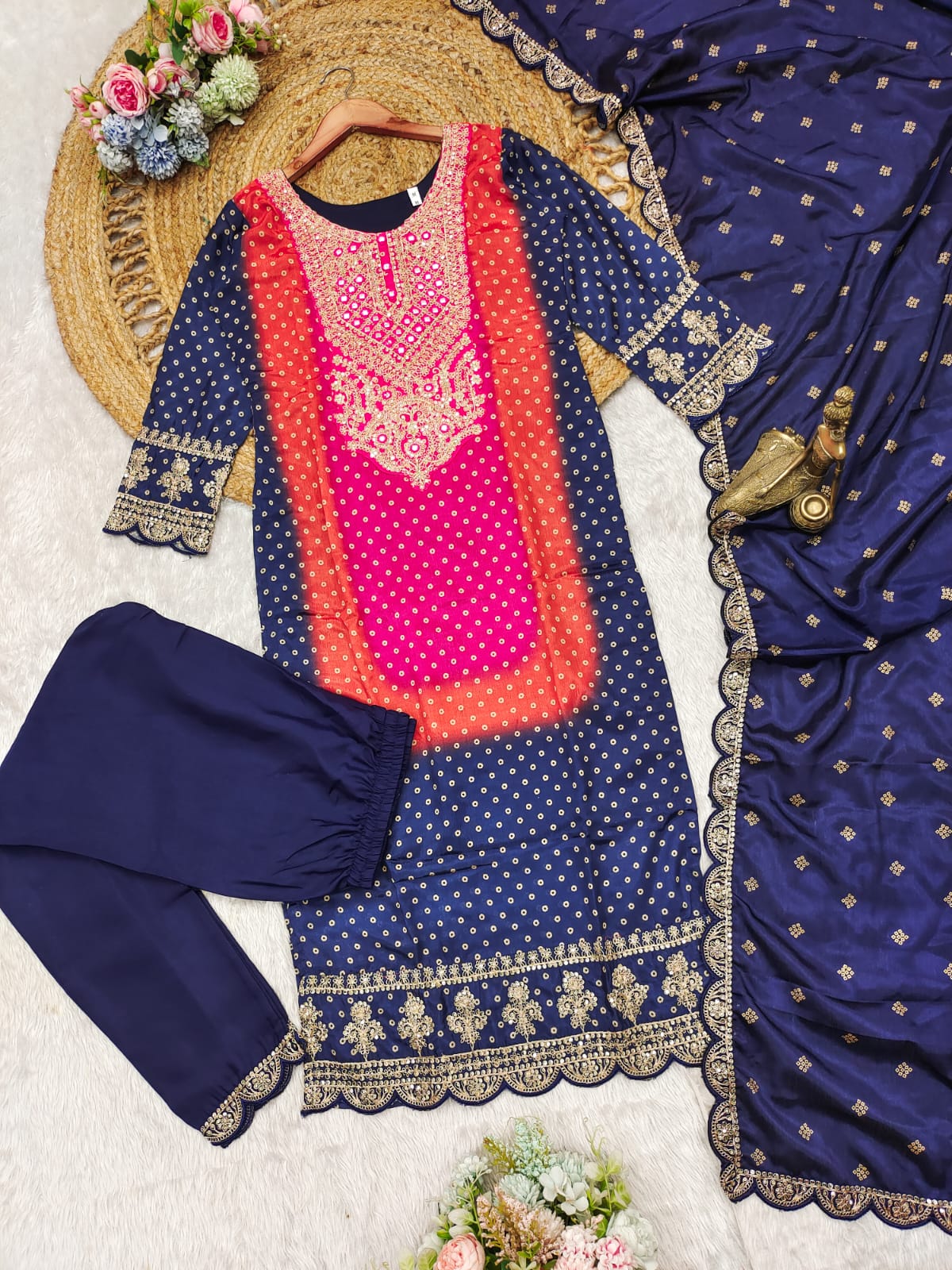 bandhni suit heavy look