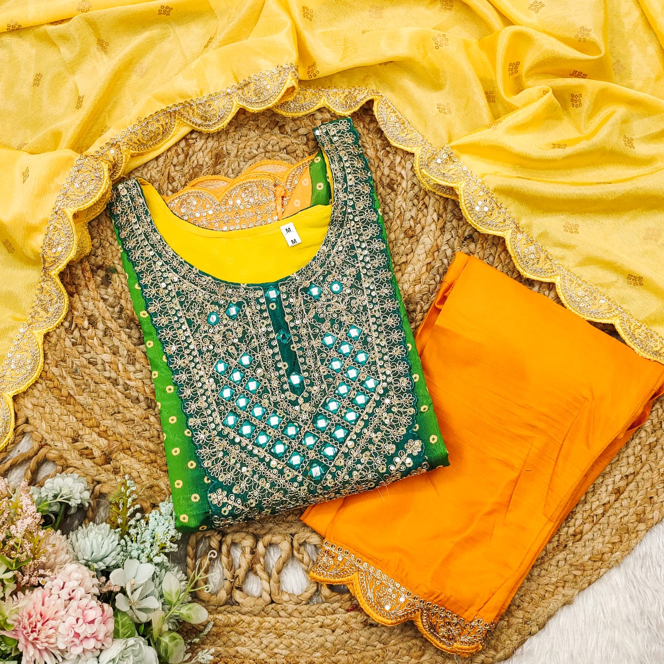 bandhani print chinon suit set at krisvi wardrobe