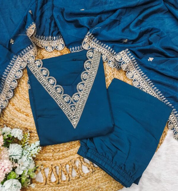 3 piece set for women rama blue roman satin suit with heavy work