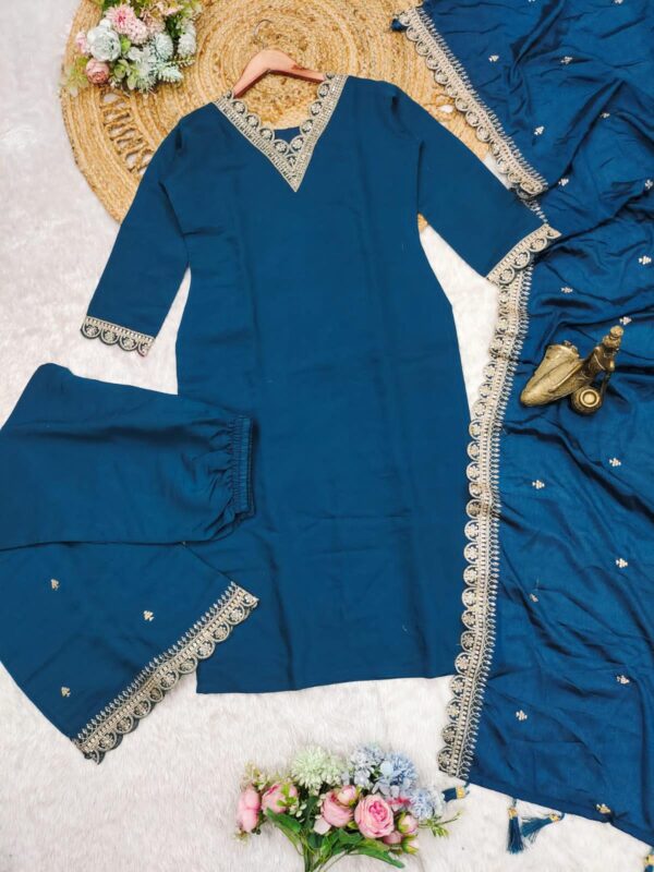 3 piece set for women rama blue roman satin suit with heavy work