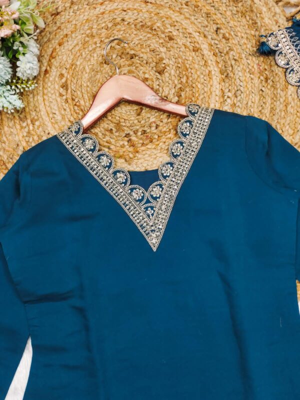 3 piece set for women rama blue roman satin suit with heavy work