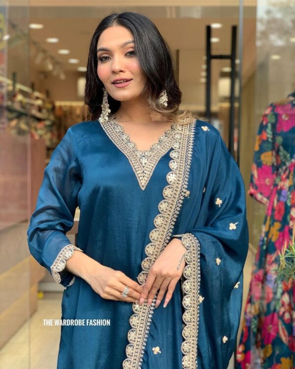 3 piece set for women rama blue roman satin suit with heavy work