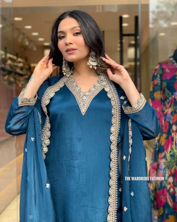 3 piece set for women rama blue roman satin suit with heavy work