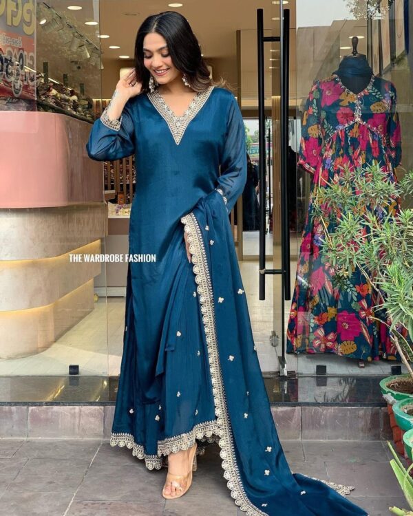 3 piece set for women rama blue roman satin suit with heavy work