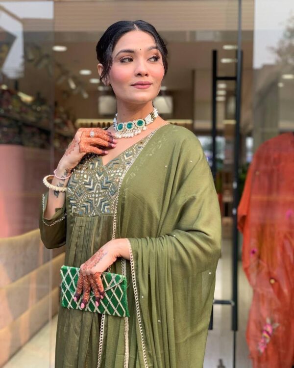 Olive Green Embroidered Palazzo Suit Set for Festive Wear – Sizes M to 3XL