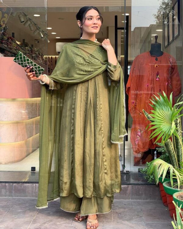 Olive Green Embroidered Palazzo Suit Set for Festive Wear – Sizes M to 3XL
