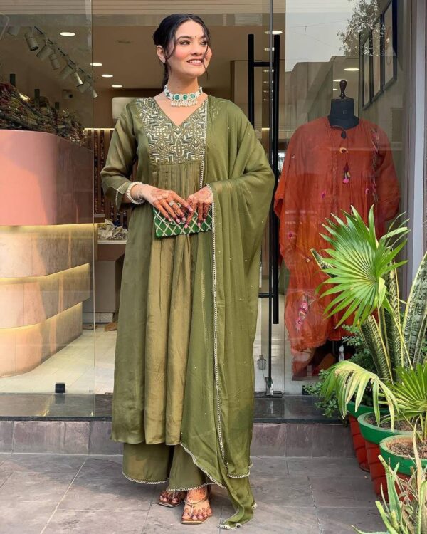 Olive Green Embroidered Palazzo Suit Set for Festive Wear – Sizes M to 3XL