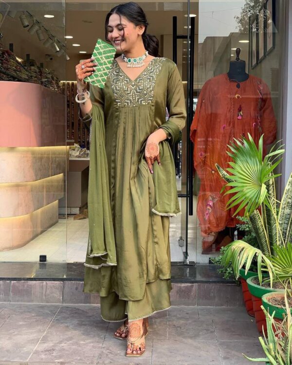 Olive Green Embroidered Palazzo Suit Set for Festive Wear – Sizes M to 3XL