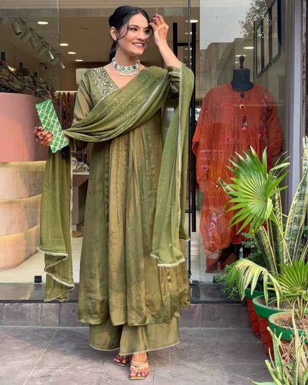 Olive Green Embroidered Palazzo Suit Set for Festive Wear – Sizes M to 3XL
