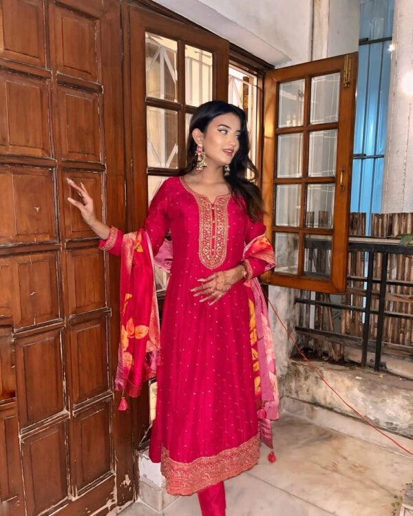 Pastel pink embroidered gown in Roman silk fabric – Festive & wedding wear for women