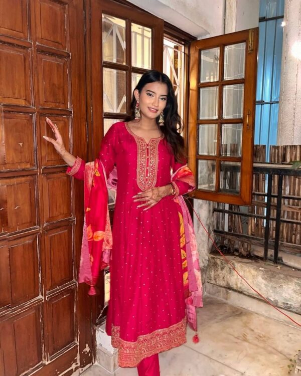 Pastel pink embroidered gown in Roman silk fabric – Festive & wedding wear for women
