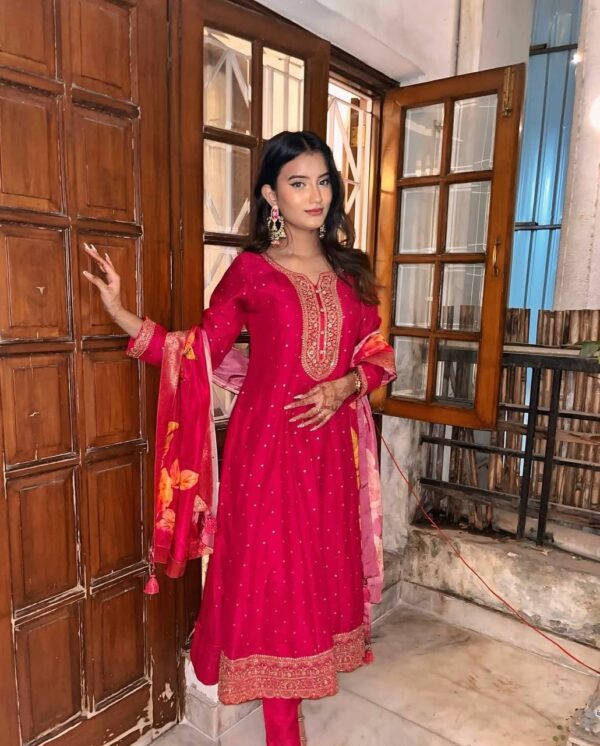 Pastel pink embroidered gown in Roman silk fabric – Festive & wedding wear for women