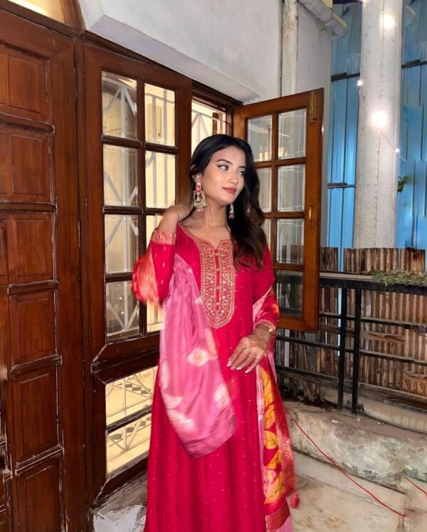 Pastel pink embroidered gown in Roman silk fabric – Festive & wedding wear for women