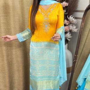 Bandhani print suit set with gradient kurti and dupatta