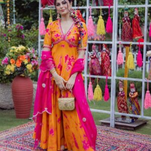 Vibrant Haldi Dress for Women – French Crepe Printed 3-Piece Ethnic Set | Krisvi Wardrobe