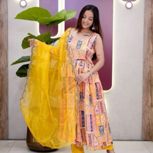 Yellow Gown – Premium Modal Satin Gown with Dupatta 3 piece set