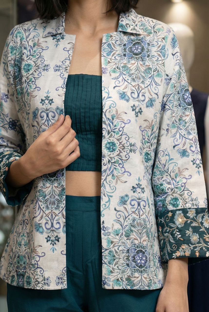 Party Wear Indo Western Outfit Set for Women – Digital Print Modal Satin Top with Crepe Pant - Image 2