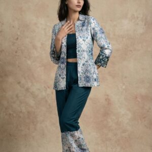 Party Wear Indo Western Outfit Set for Women – Digital Print Modal Satin Top with Crepe Pant