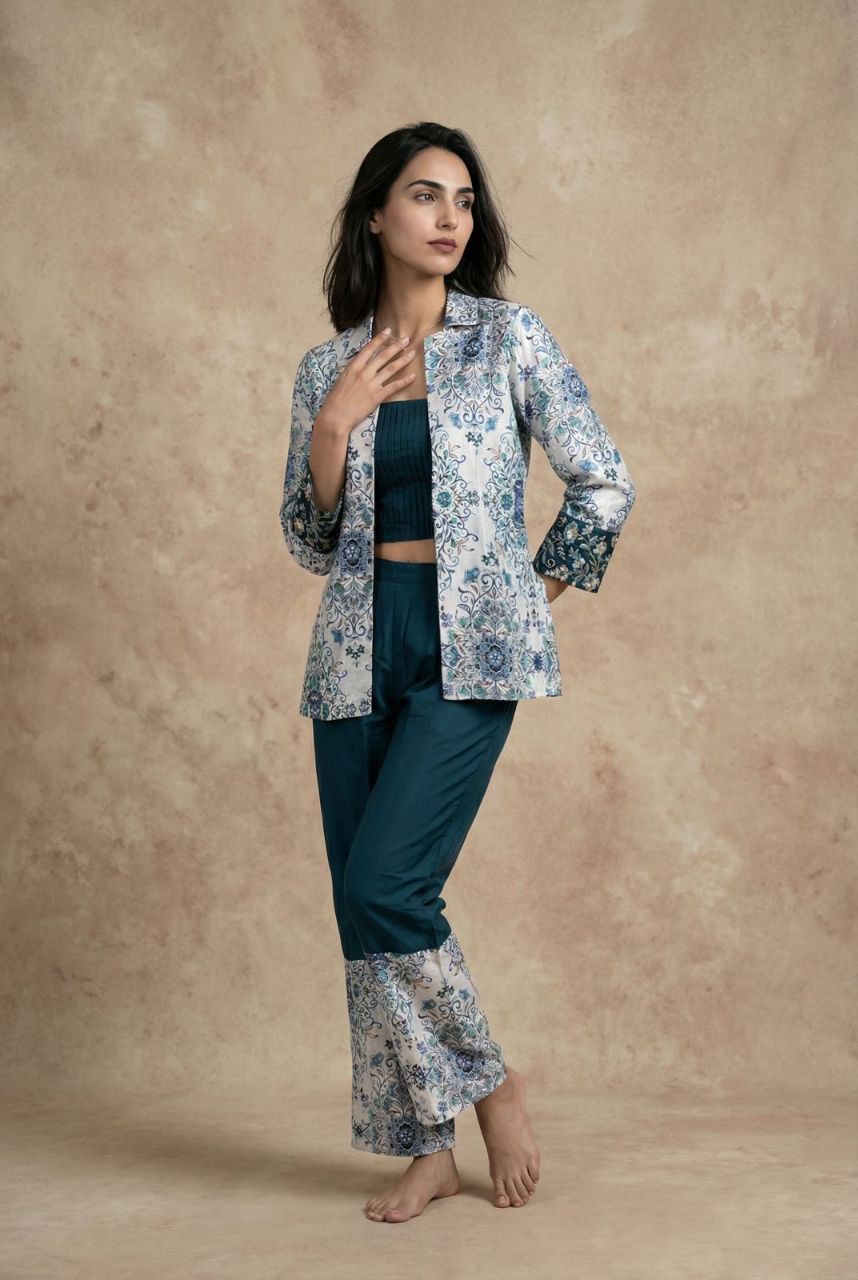 Party Wear Indo Western Outfit Set for Women – Digital Print Modal Satin Top with Crepe Pant