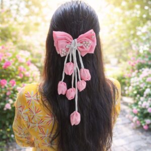 3-layered baby pink bow with 6 tulip strands