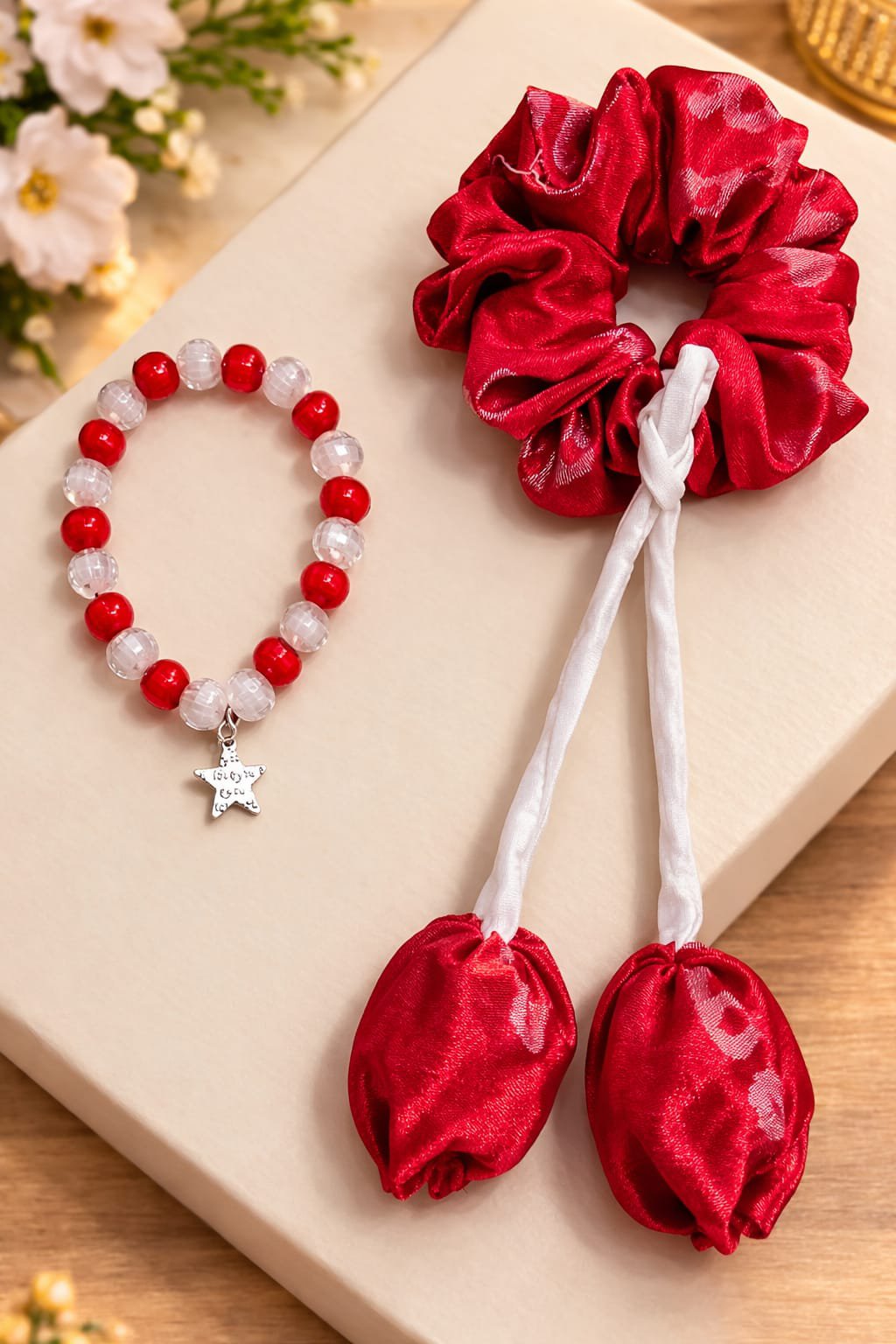 Red tulip scrunchies with Bracelet combo of 2