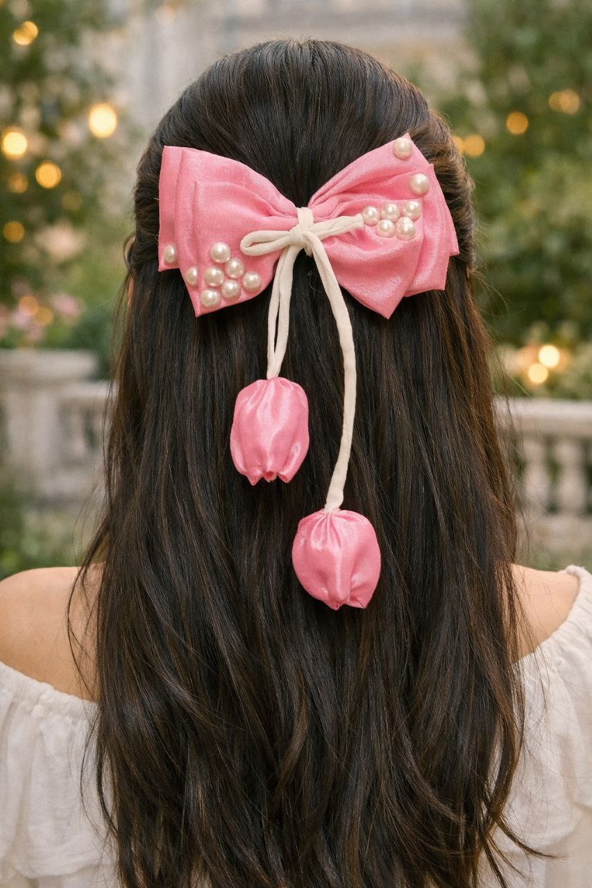 3-layered pink bow with 2 tulip strands