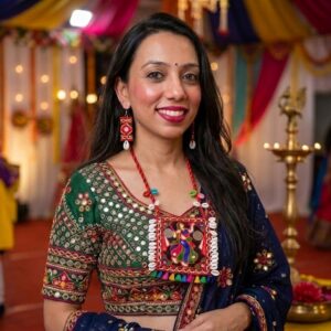 Handmade Navratri jewellery reversible fabric necklace with mirror work and cowrie shells