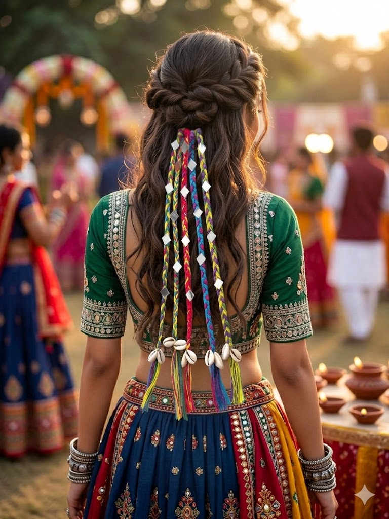 Handmade Boho Navratri Hair Strings with Cowrie Shells (25 cm)