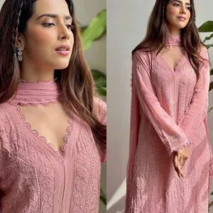 chikankari embroidered fox georgette suit set at krisvi shop