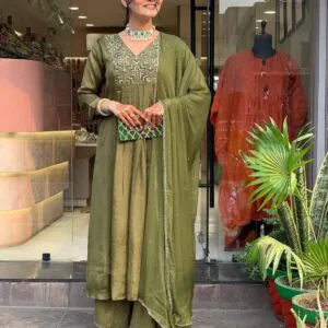 Olive Green Embroidered Palazzo Suit Set for Festive Wear – Sizes M to 3XL