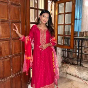 Pastel pink embroidered gown in Roman silk fabric – Festive & wedding wear for women