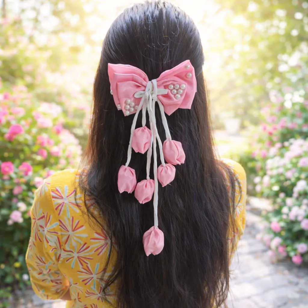 3-layered baby pink bow with 6 tulip strands