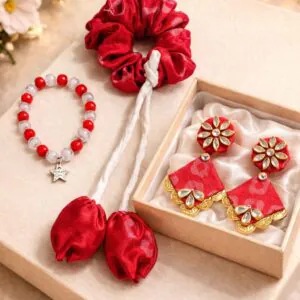 Red Tulip Scrunchie, Red & White Moti Bracelet and Red Earrings Combo