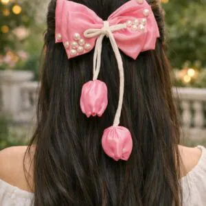 3-layered pink bow with 2 tulip strands